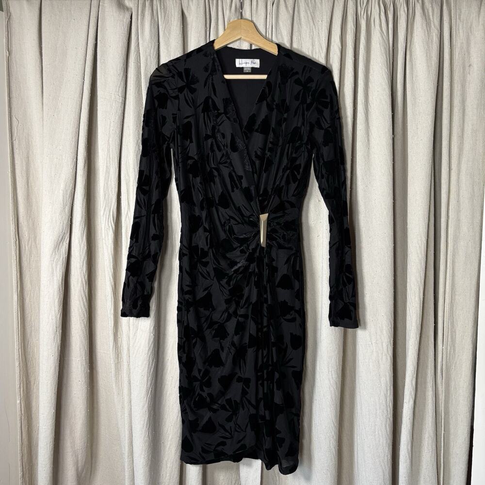 Harper Rose Black Velvet Floral Wrap Bodycon Pinup Goth Midi Dress Size 6‎